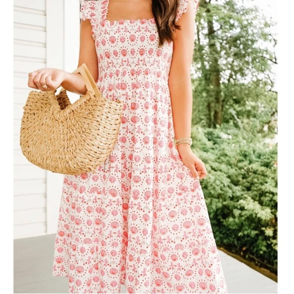 HILL HOUSE Ellie Nap Midi Dress Mermaid Shell Print Pink White {3N53}